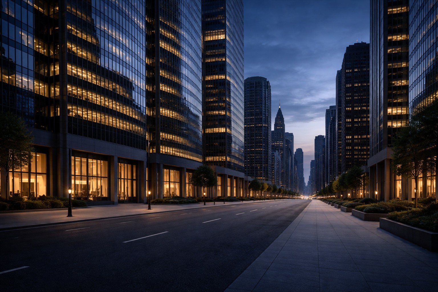 Chicago commercial office towers at blue hour